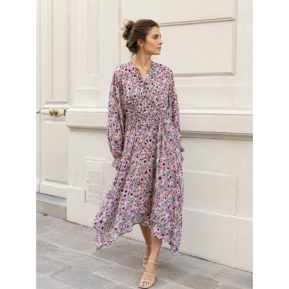 Isabel Marant Etoile Ariana Floral Midi Dress Handkerchief Hem Purple 40